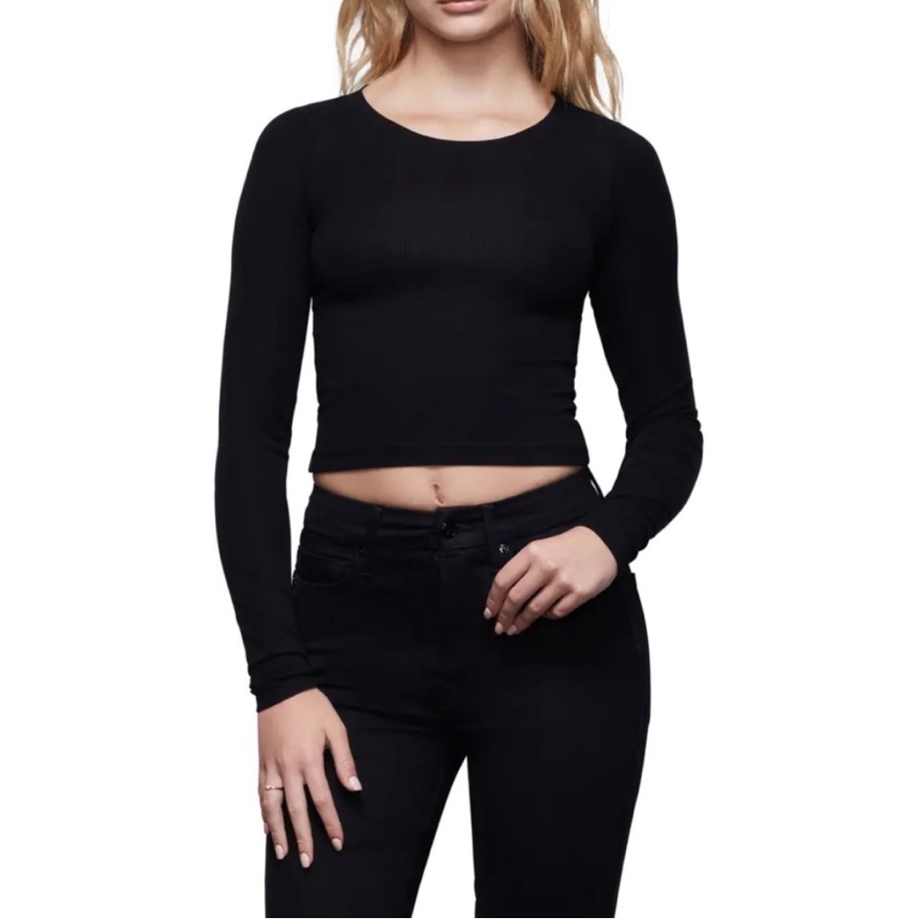 Good American Solid Black Cropped Long Sleeve Rib Knit Crewneck T-Shirt Size 5